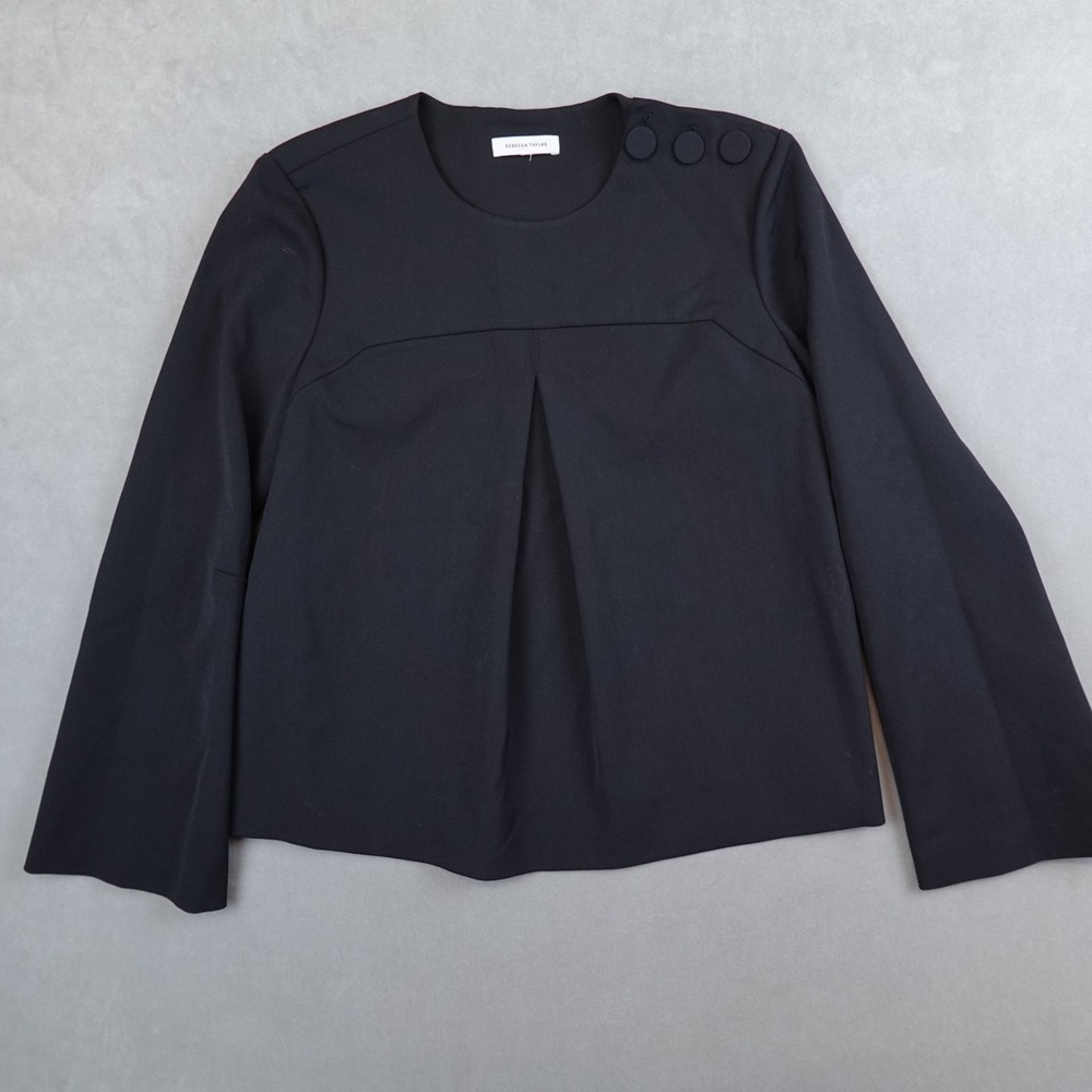 Rebecca Taylor Blouse Mod Suiting Size 0 Black Wool Blend Long Sleeve Top Career